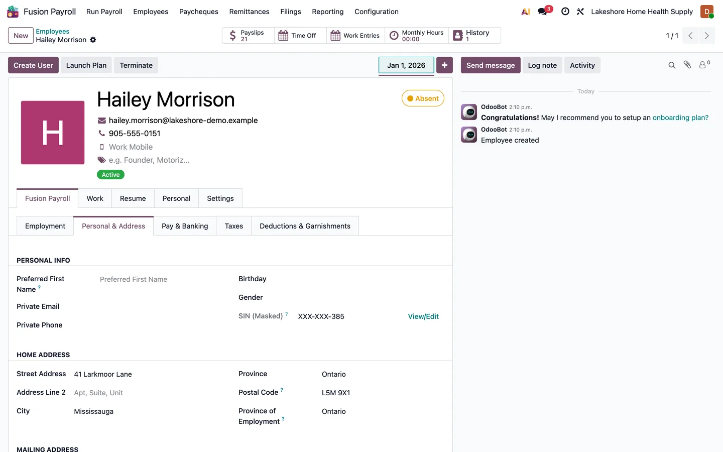 Employee payroll tab with the SIN masked to its last three digits and the home address