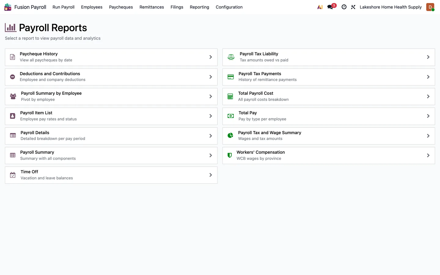 Payroll Reports page with a list of payroll, tax and cost reports