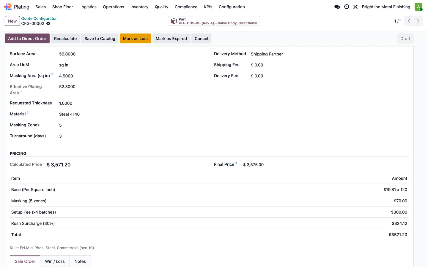 Plating quote configurator with surface area, thickness, masking zones, and a price breakdown