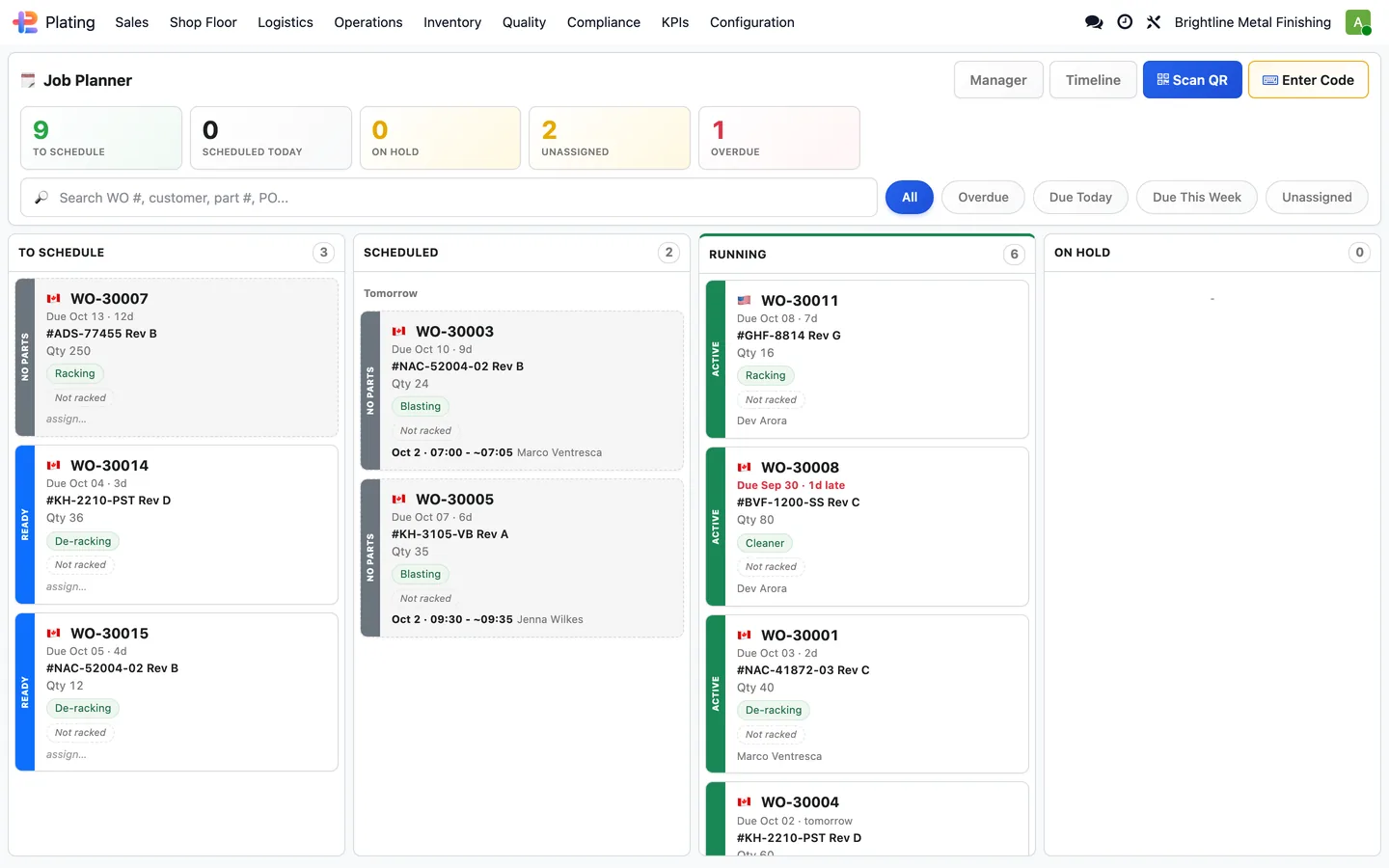 Plating job planner with work orders to schedule, scheduled, and running